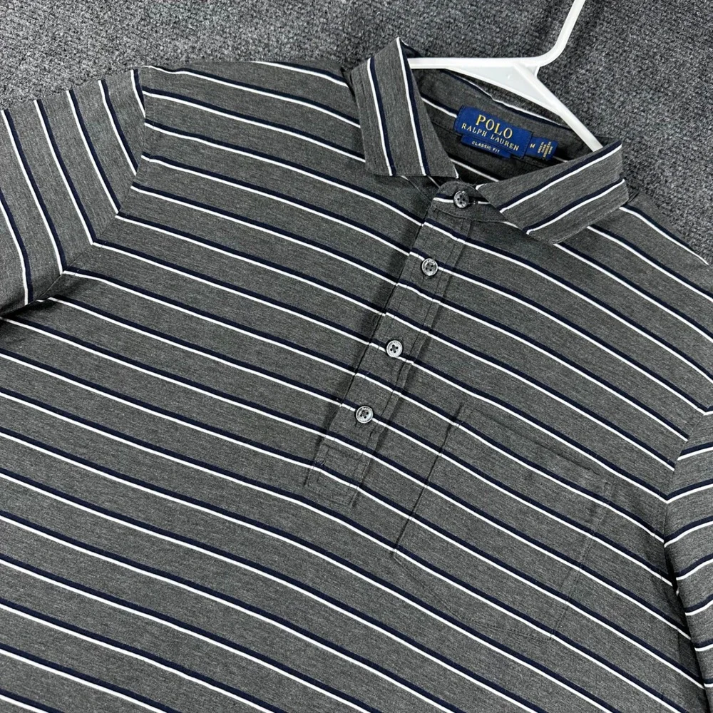 Polo Ralph Lauren Polo Shirt Mens M Medium Grey Striped Classic Fit Short Sleeve